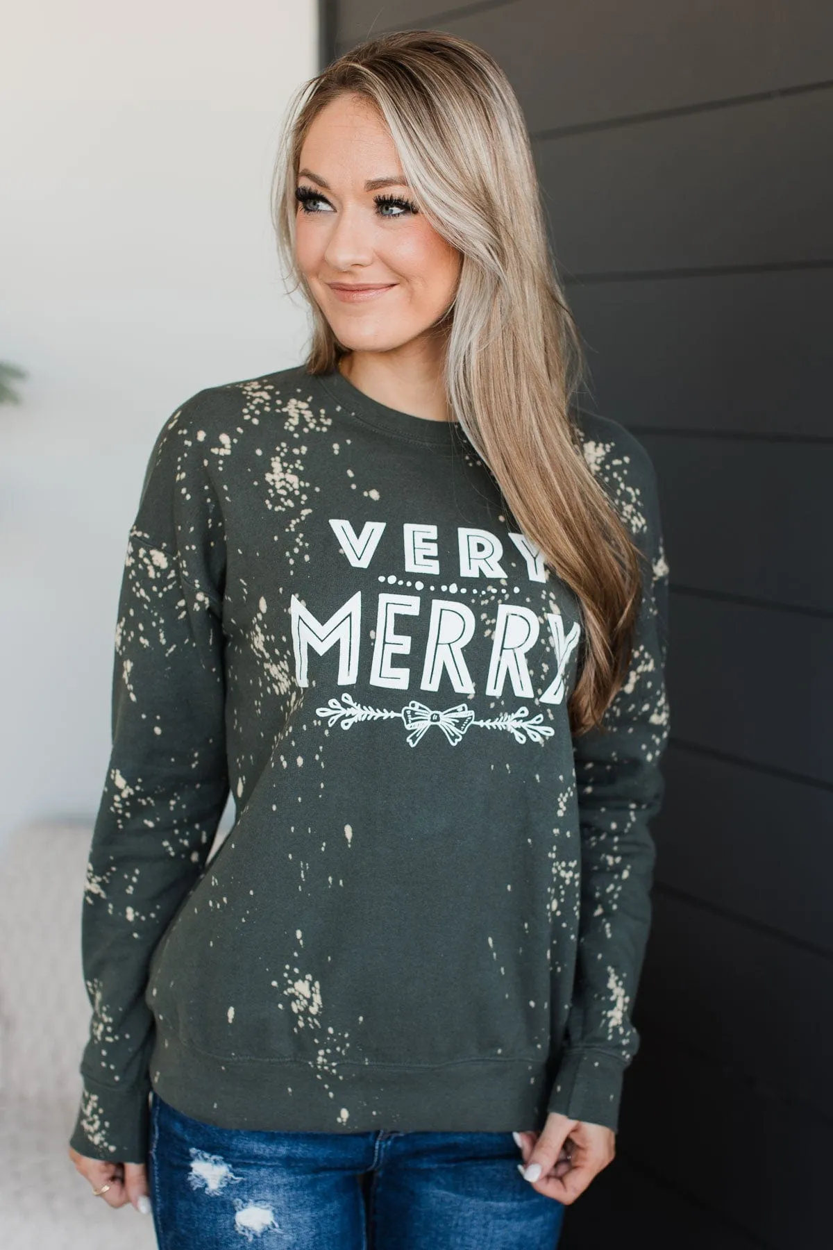"Very Merry" Bleached Crew Neck- Dark Olive