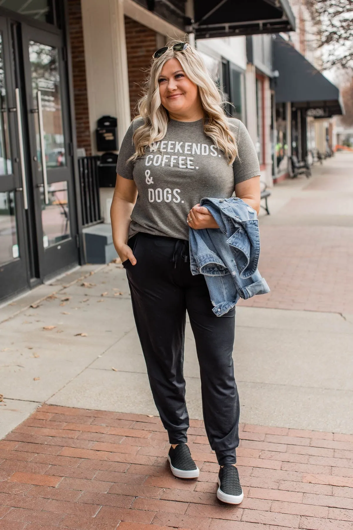 "Weekends. Coffee. & Dogs." Graphic Tee- Charcoal
