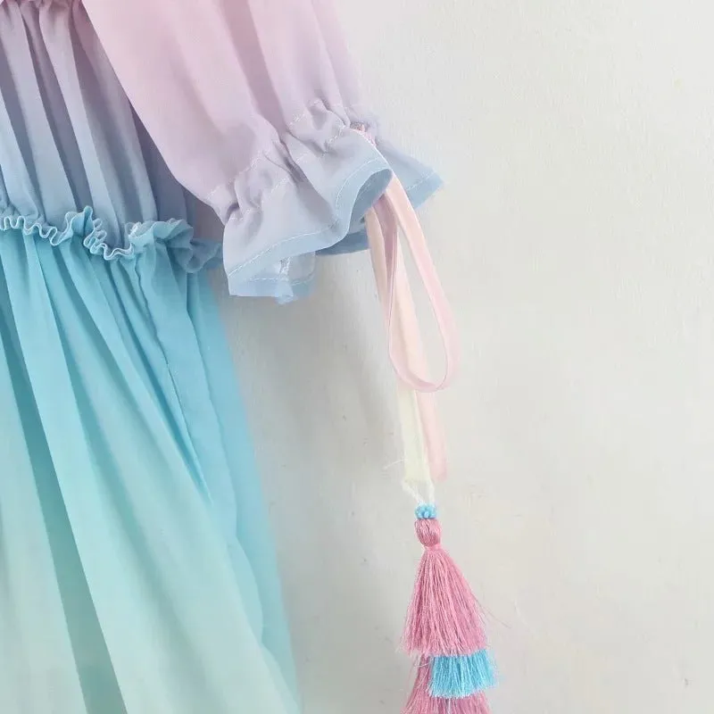 Rainbow Deep V Long Sleeve Gradient Vacation Maxi Dresses