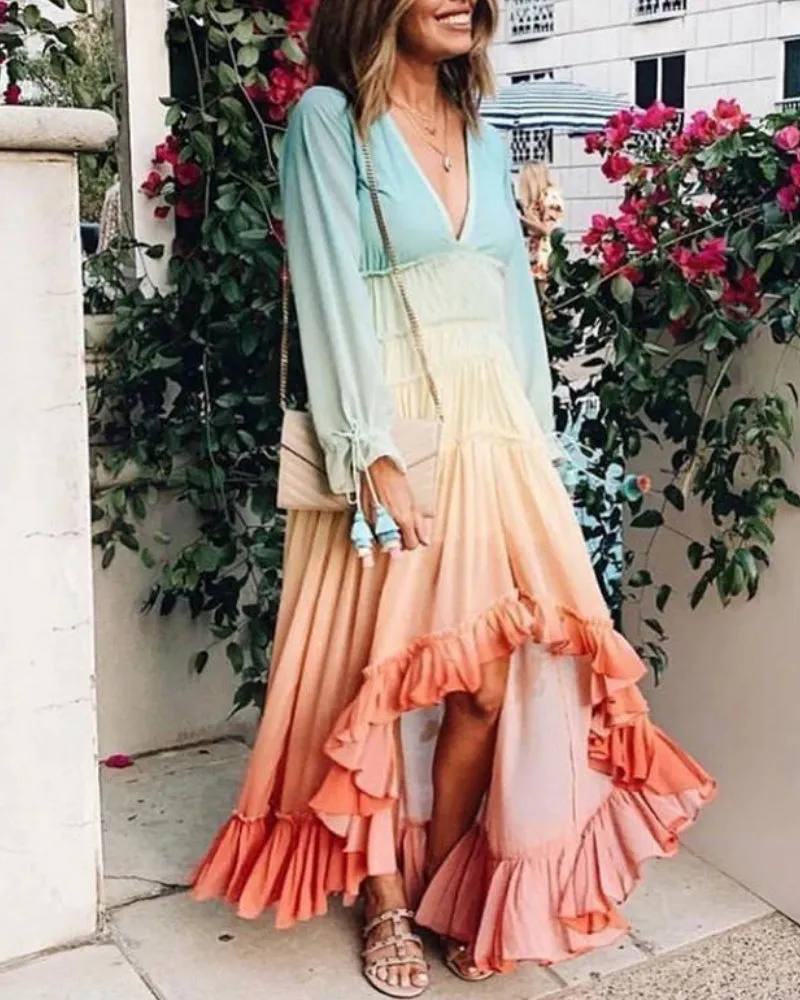 Rainbow Deep V Long Sleeve Gradient Vacation Maxi Dresses