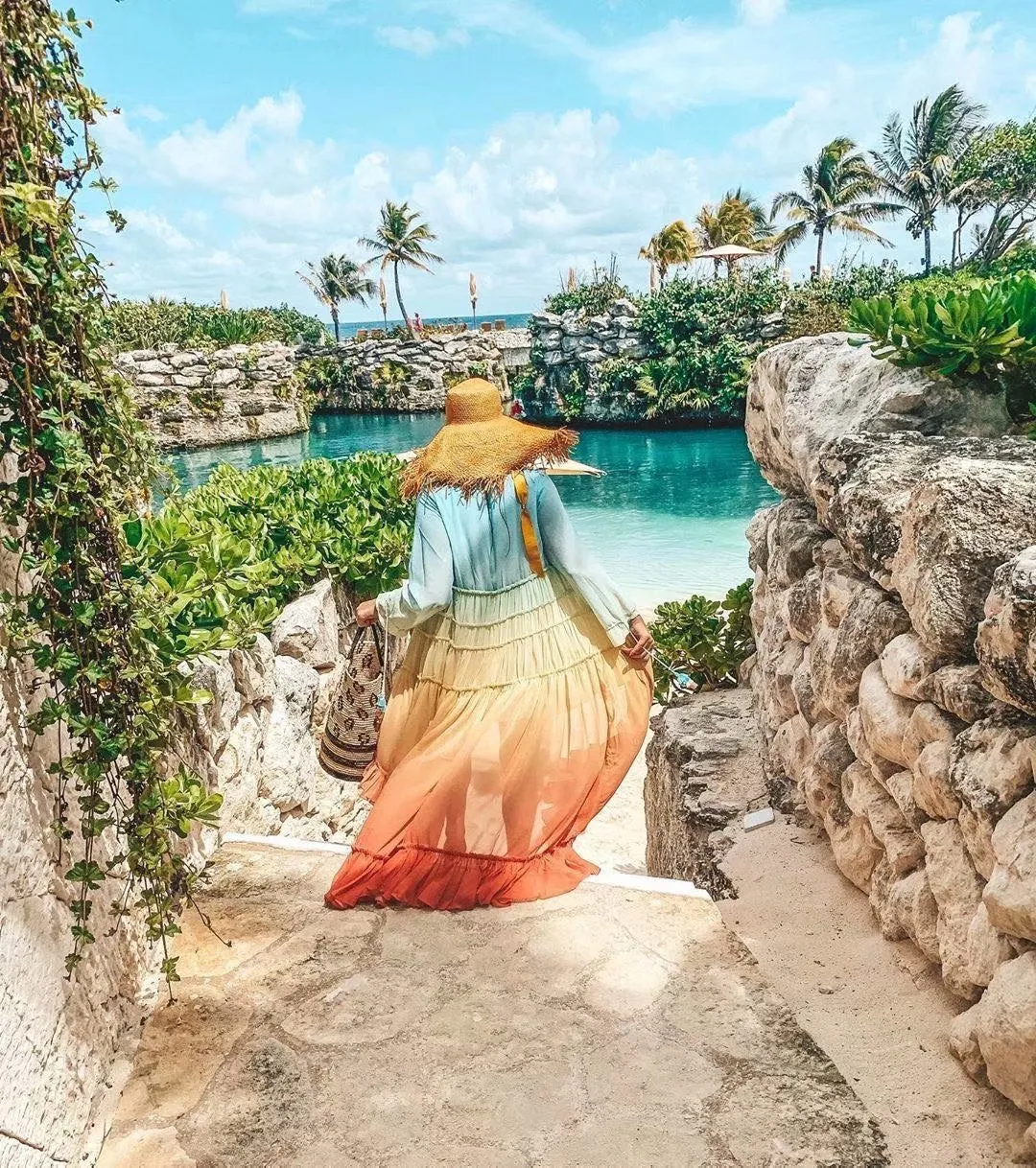 Rainbow Deep V Long Sleeve Gradient Vacation Maxi Dresses