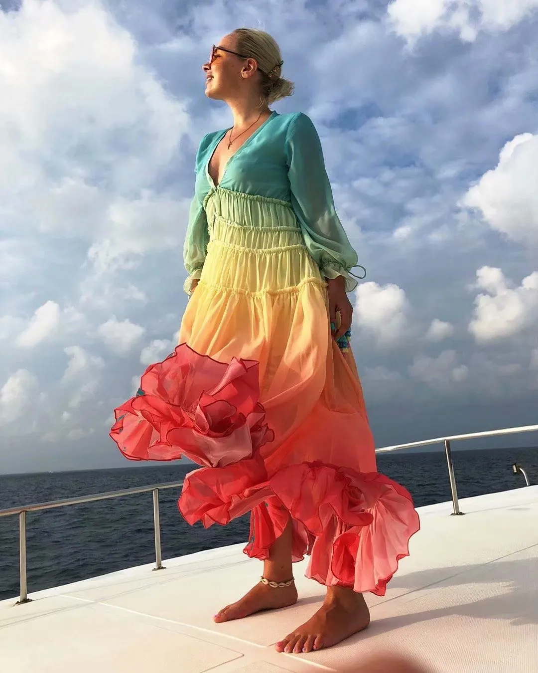 Rainbow Deep V Long Sleeve Gradient Vacation Maxi Dresses