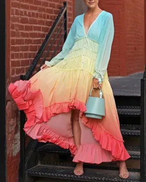 Rainbow Deep V Long Sleeve Gradient Vacation Maxi Dresses