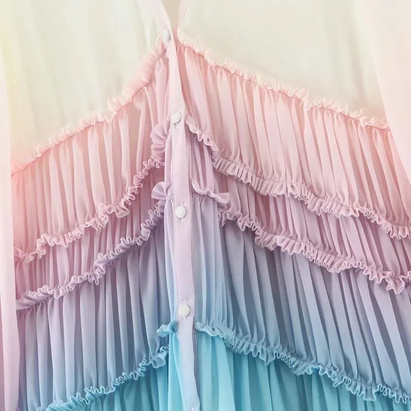 Rainbow Deep V Long Sleeve Gradient Vacation Maxi Dresses
