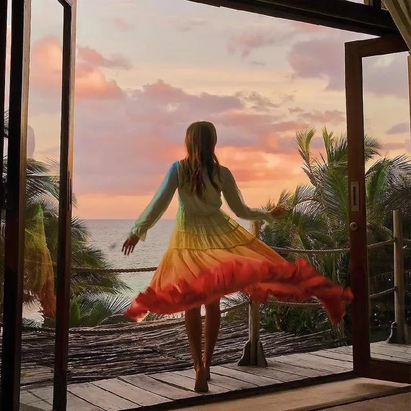 Rainbow Deep V Long Sleeve Gradient Vacation Maxi Dresses