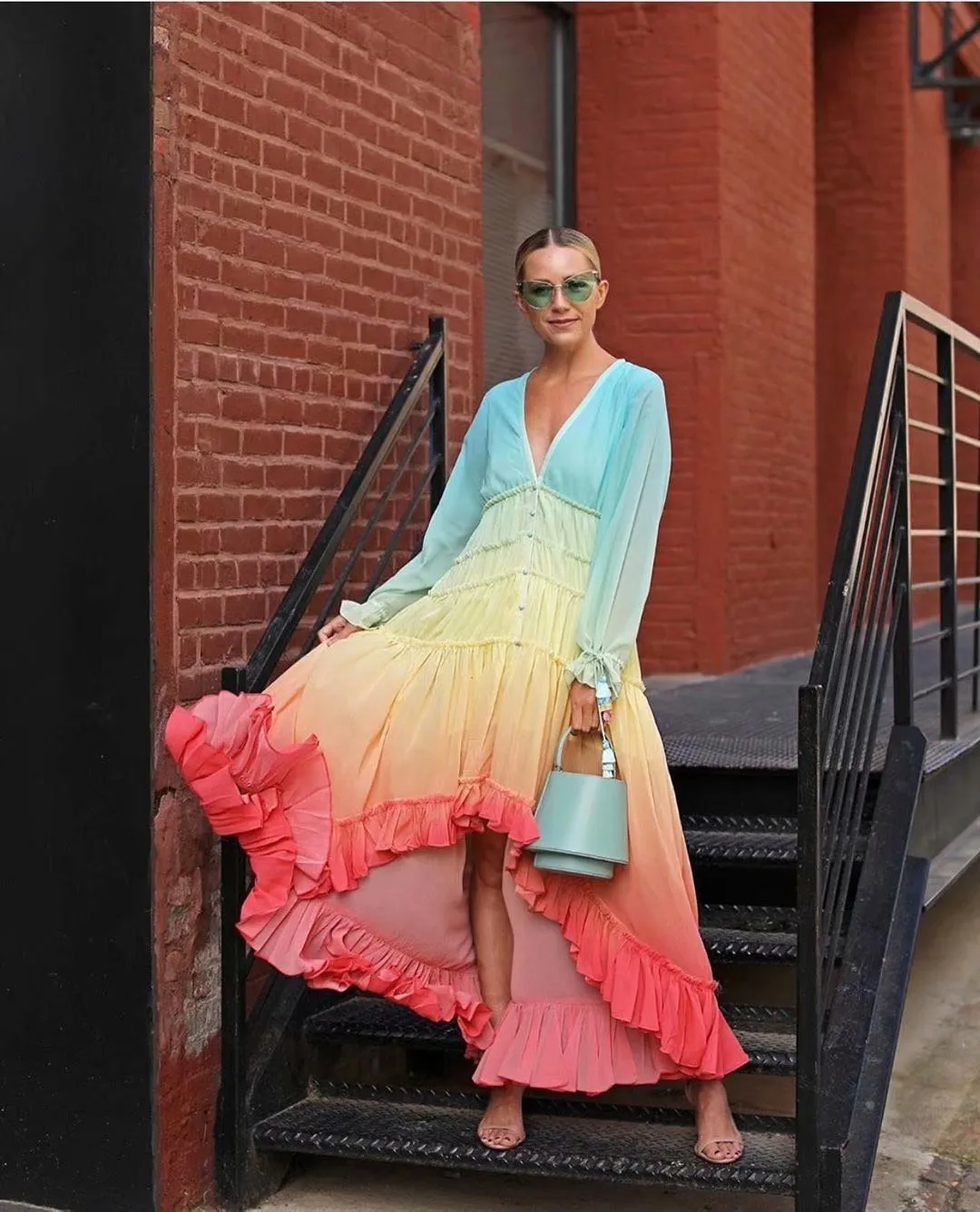 Rainbow Deep V Long Sleeve Gradient Vacation Maxi Dresses