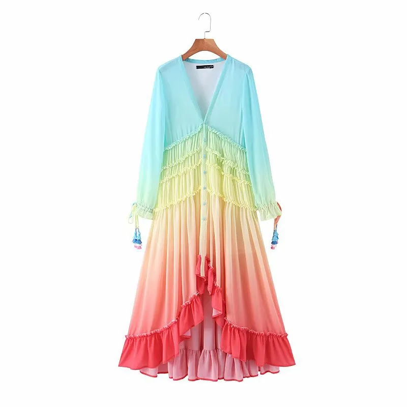 Rainbow Deep V Long Sleeve Gradient Vacation Maxi Dresses