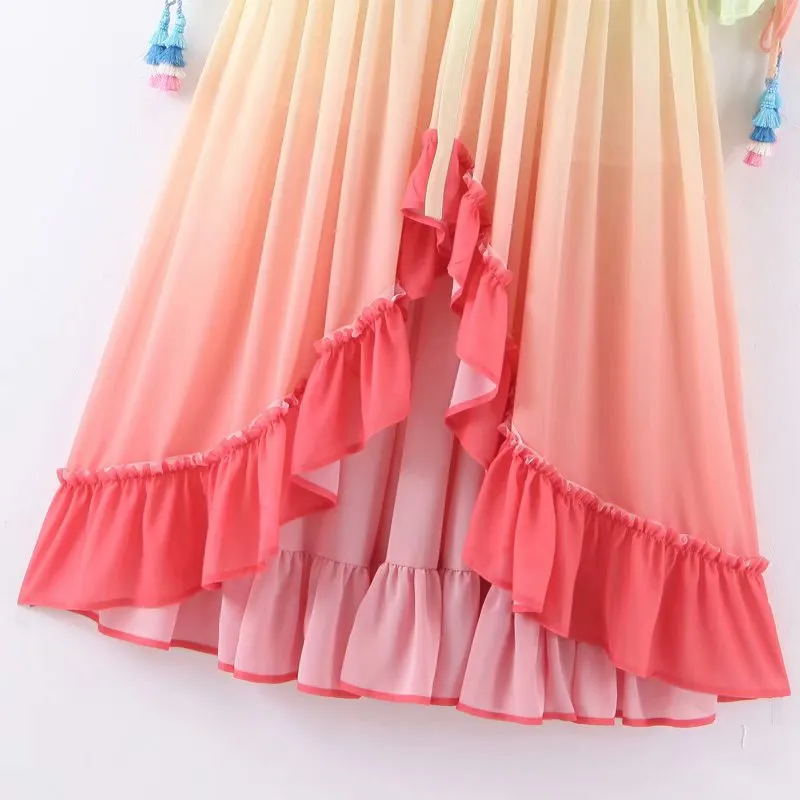 Rainbow Deep V Long Sleeve Gradient Vacation Maxi Dresses