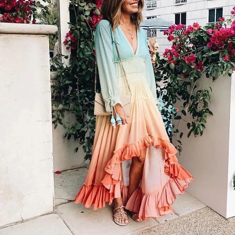 Rainbow Deep V Long Sleeve Gradient Vacation Maxi Dresses