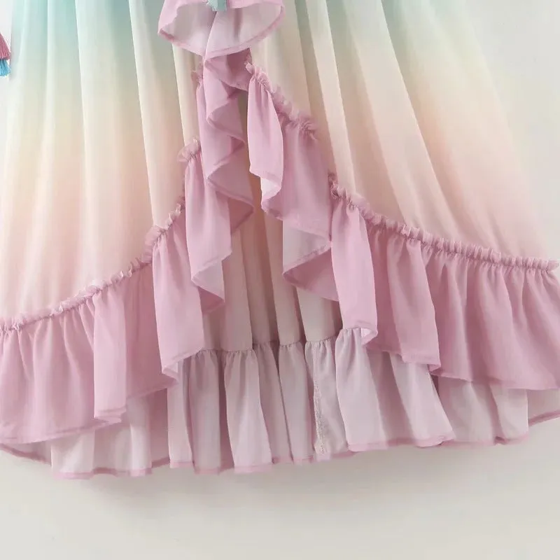 Rainbow Deep V Long Sleeve Gradient Vacation Maxi Dresses
