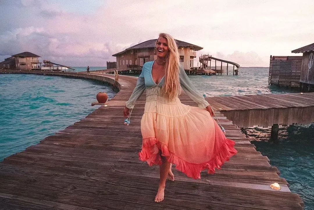 Rainbow Deep V Long Sleeve Gradient Vacation Maxi Dresses