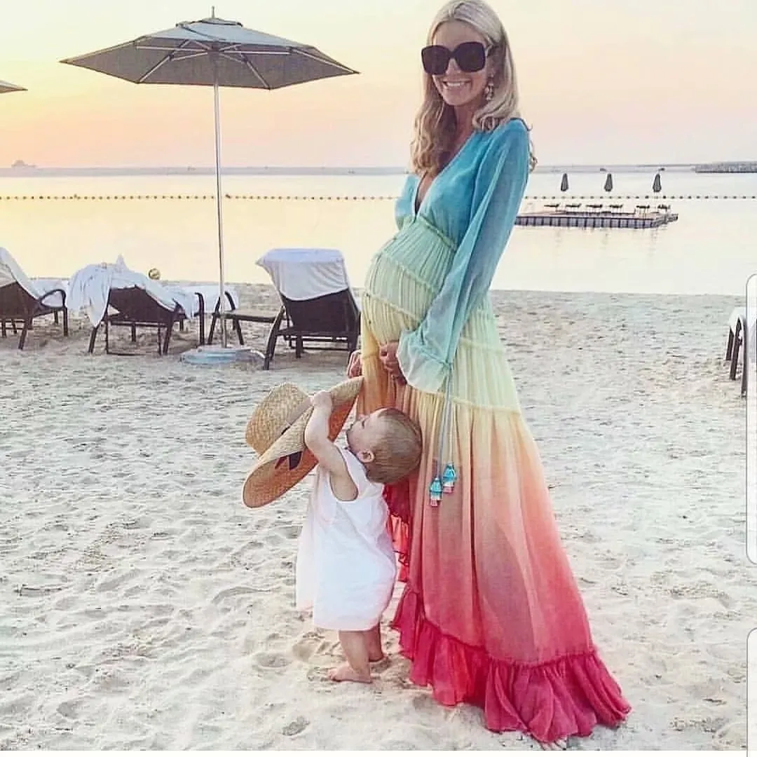 Rainbow Deep V Long Sleeve Gradient Vacation Maxi Dresses