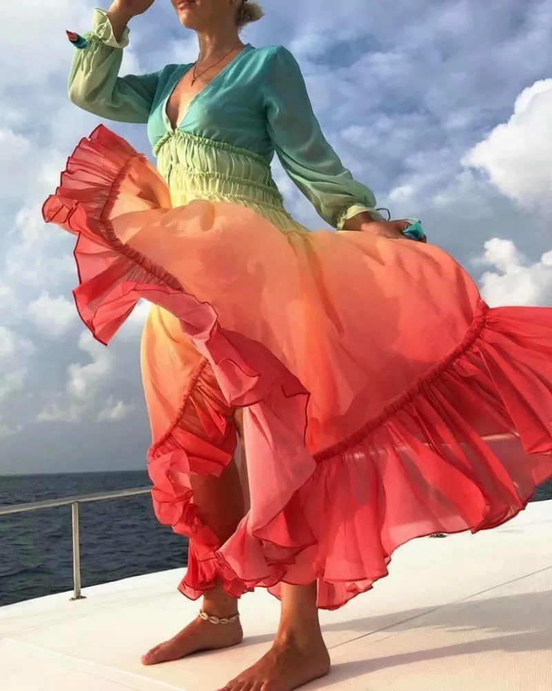 Rainbow Deep V Long Sleeve Gradient Vacation Maxi Dresses