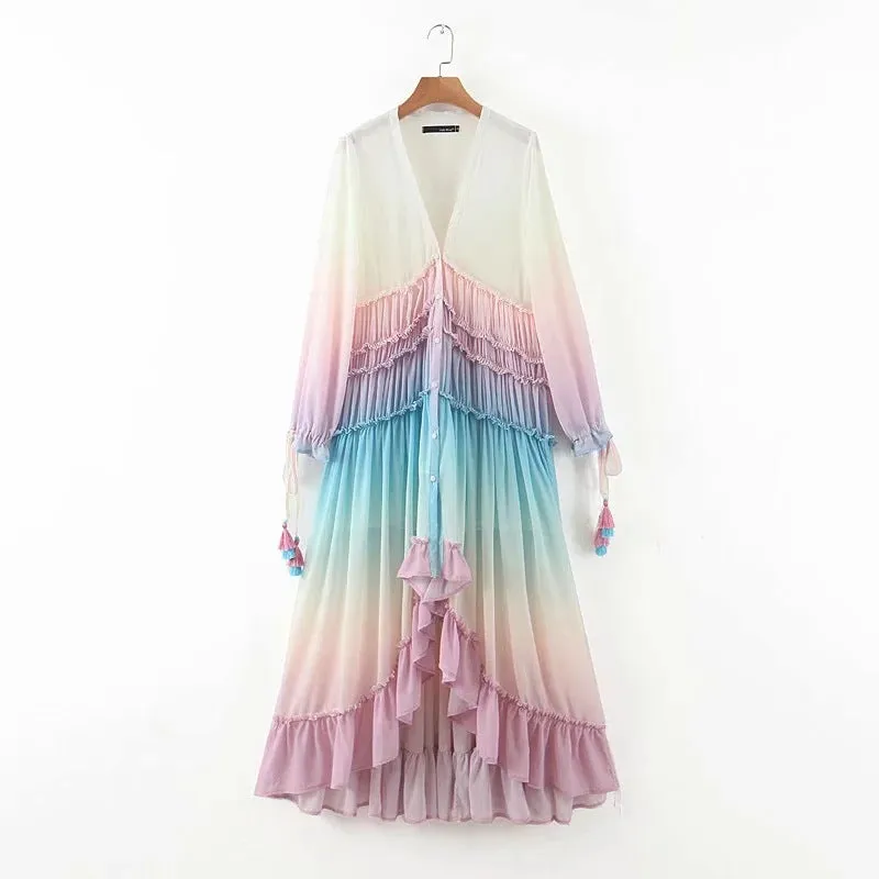 Rainbow Deep V Long Sleeve Gradient Vacation Maxi Dresses