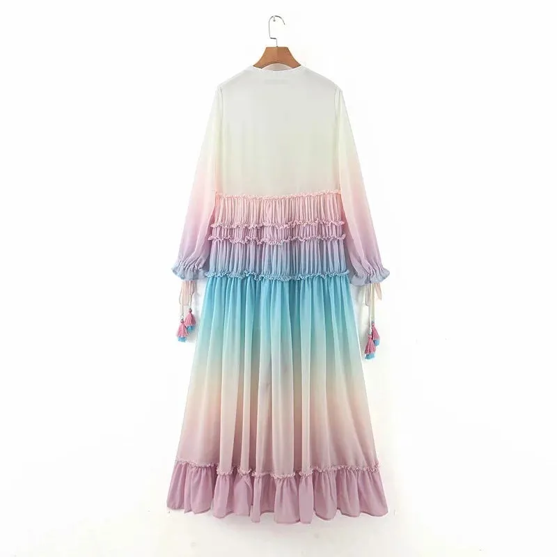 Rainbow Deep V Long Sleeve Gradient Vacation Maxi Dresses