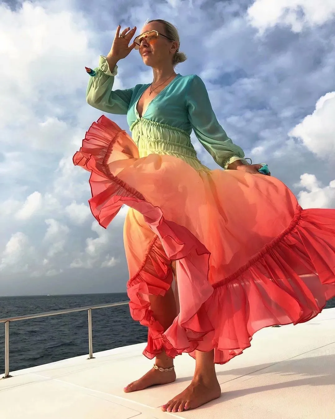 Rainbow Deep V Long Sleeve Gradient Vacation Maxi Dresses