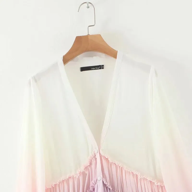 Rainbow Deep V Long Sleeve Gradient Vacation Maxi Dresses