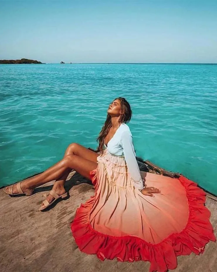 Rainbow Deep V Long Sleeve Gradient Vacation Maxi Dresses