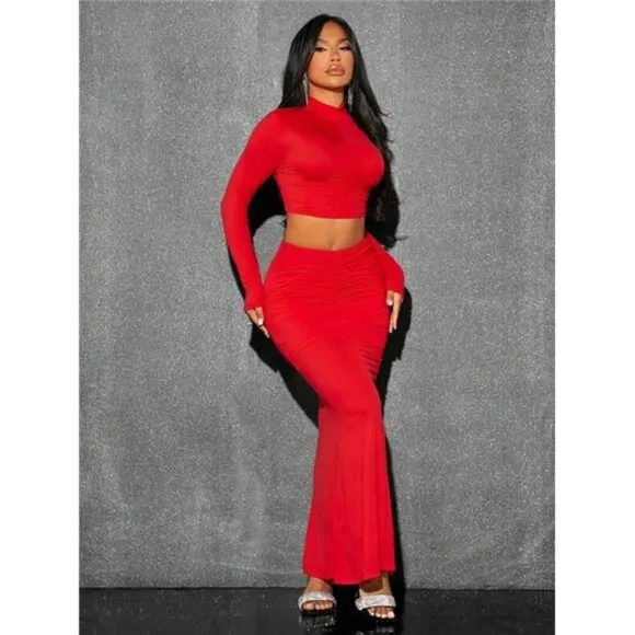 Red Christmas Skin &amp; High-elastic Partially Pleated Midi Skirt Set For Women