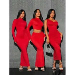 Red Christmas Skin &amp; High-elastic Partially Pleated Midi Skirt Set For Women
