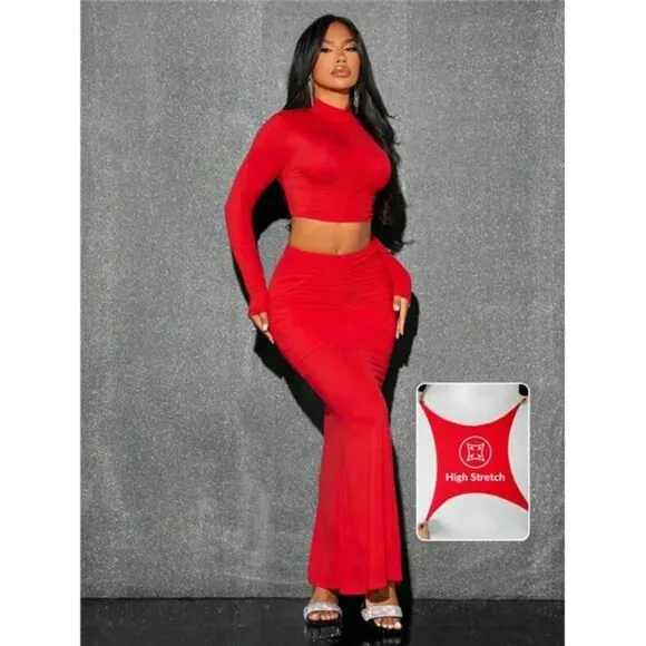 Red Christmas Skin &amp; High-elastic Partially Pleated Midi Skirt Set For Women