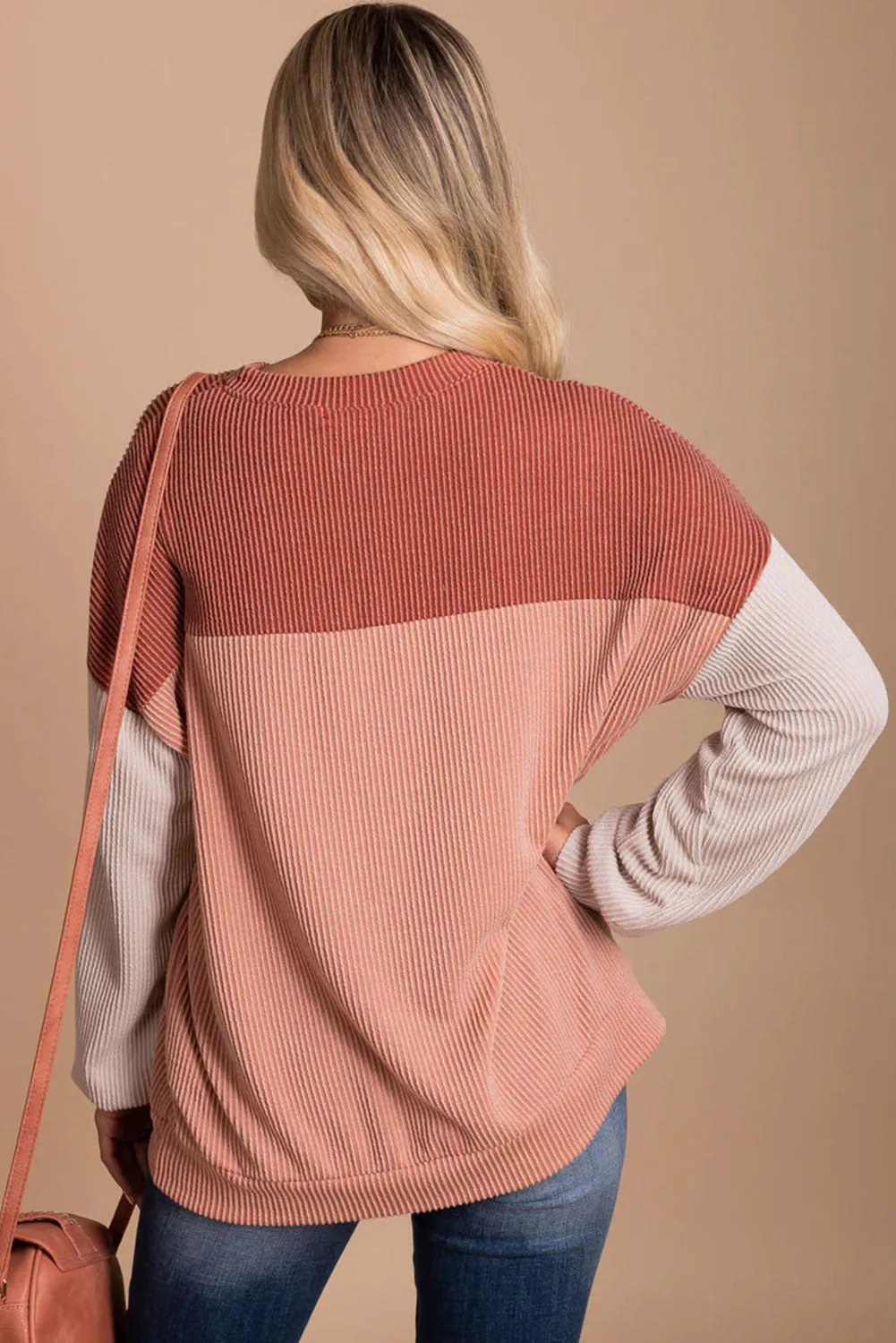 Red Color Block Long Sleeve Cording Loose Top