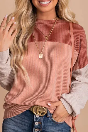 Red Color Block Long Sleeve Cording Loose Top
