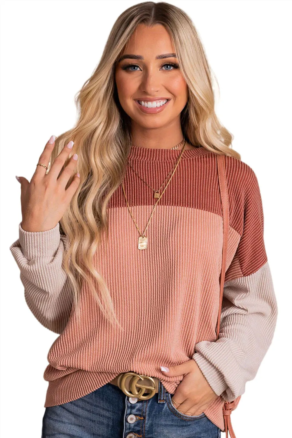 Red Color Block Long Sleeve Cording Loose Top