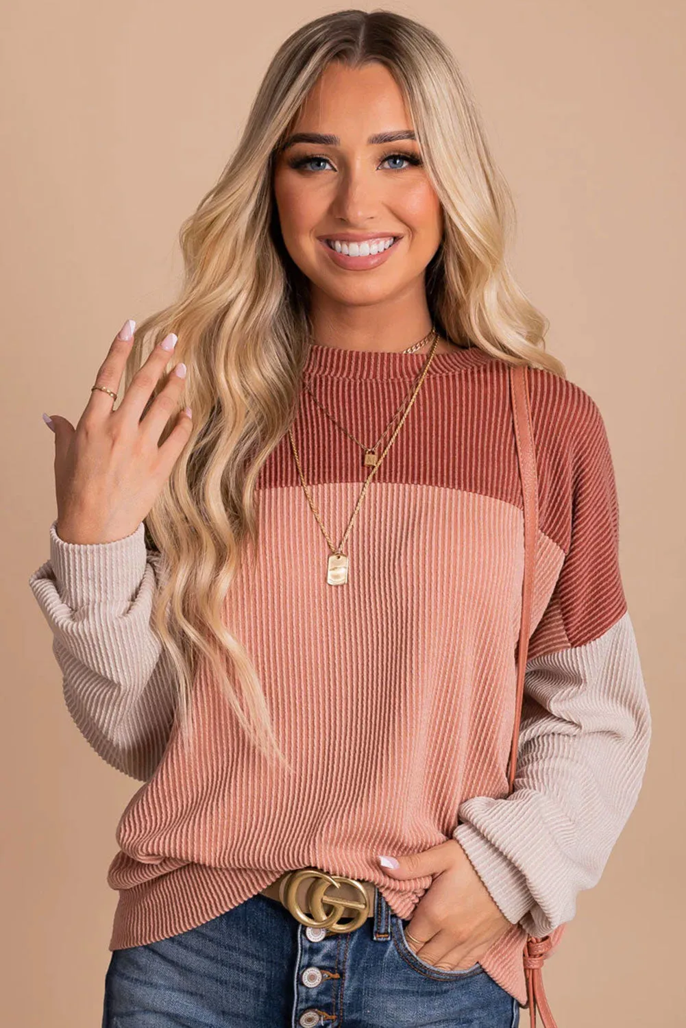 Red Color Block Long Sleeve Cording Loose Top