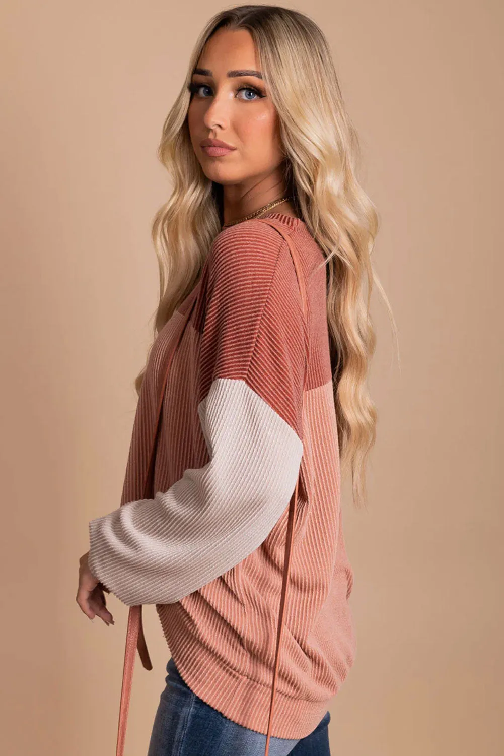 Red Color Block Long Sleeve Cording Loose Top