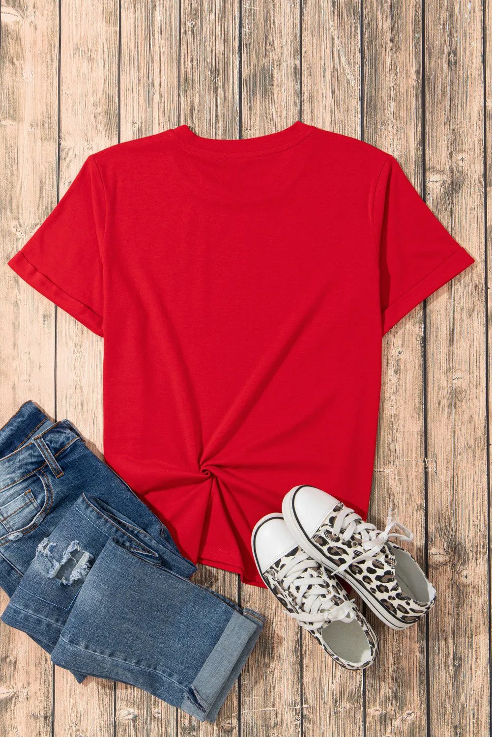 Red USA Flag Heart Shape Crew Neck Graphic T Shirt