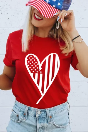 Red USA Flag Heart Shape Crew Neck Graphic T Shirt