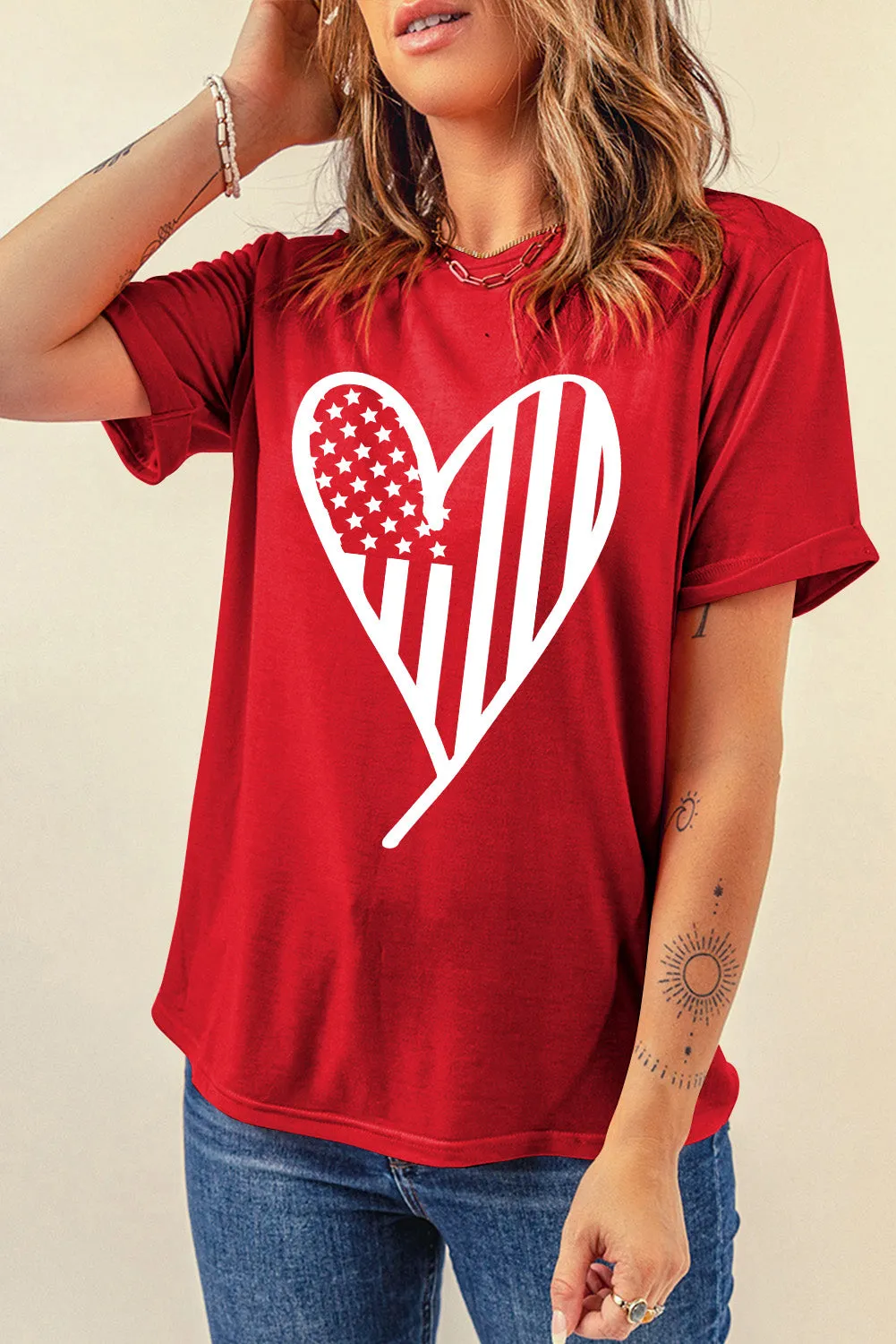 Red USA Flag Heart Shape Crew Neck Graphic T Shirt