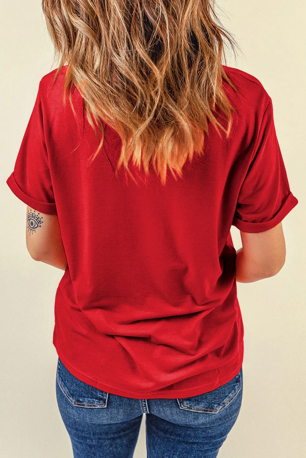 Red USA Flag Heart Shape Crew Neck Graphic T Shirt