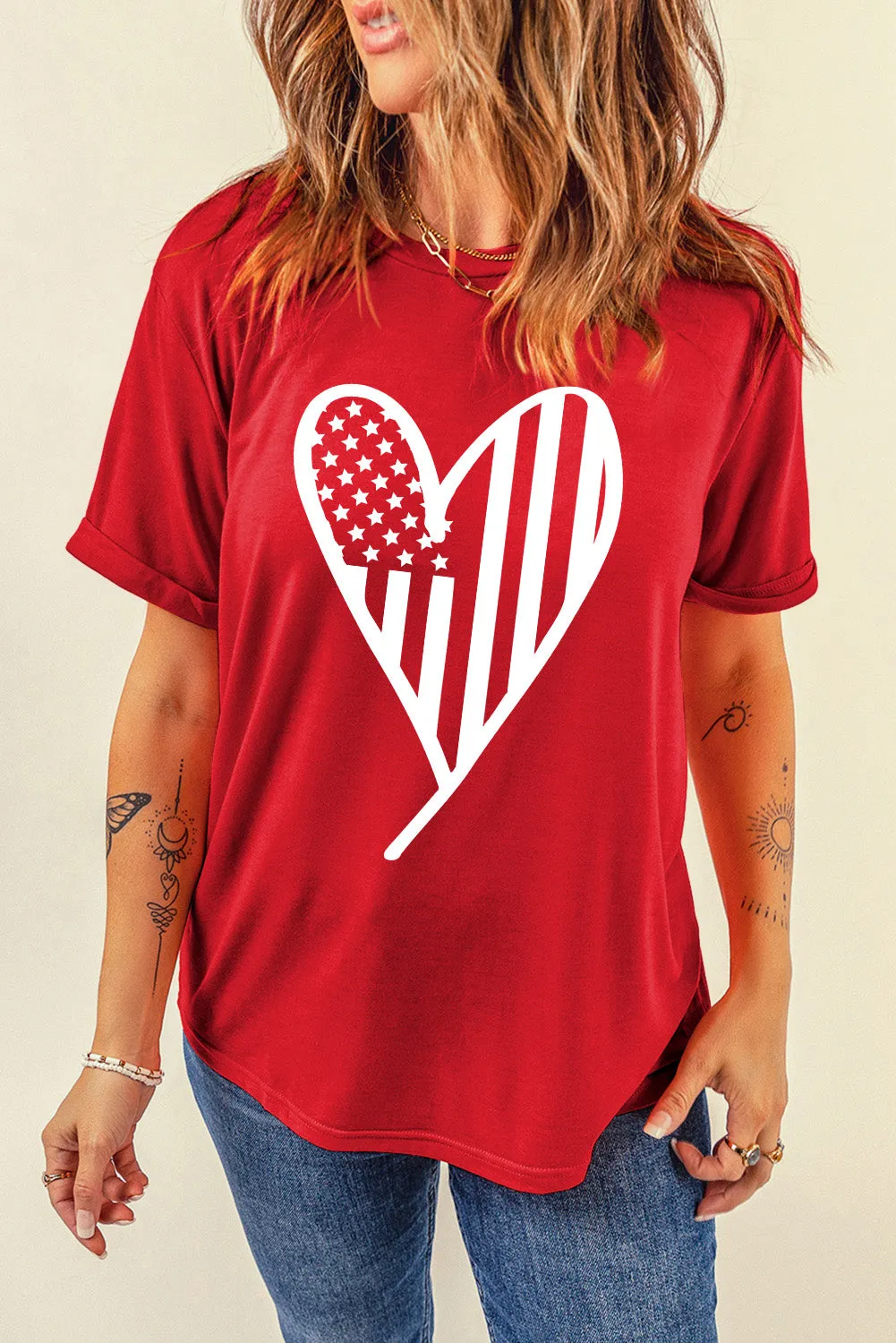 Red USA Flag Heart Shape Crew Neck Graphic T Shirt