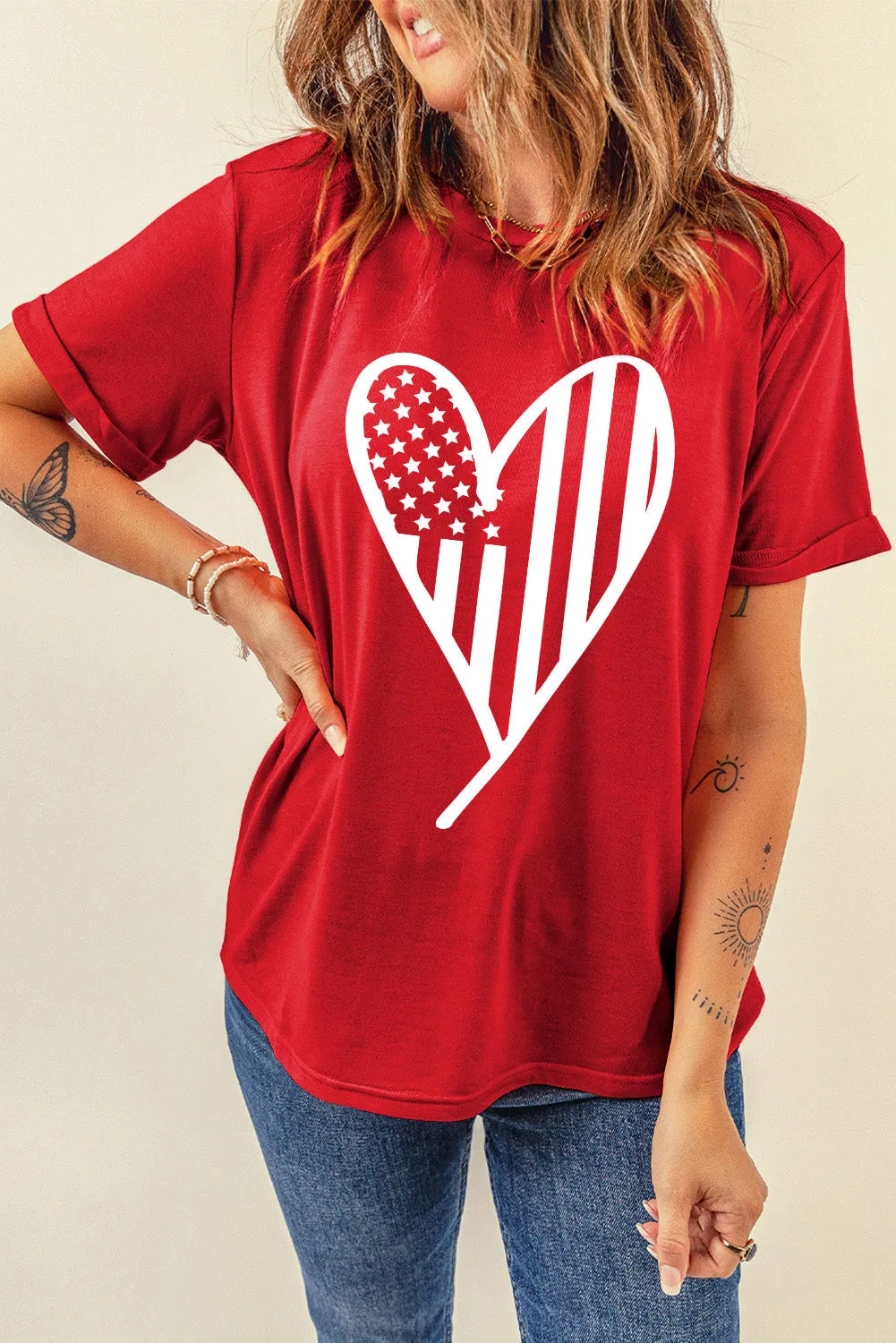 Red USA Flag Heart Shape Crew Neck Graphic T Shirt