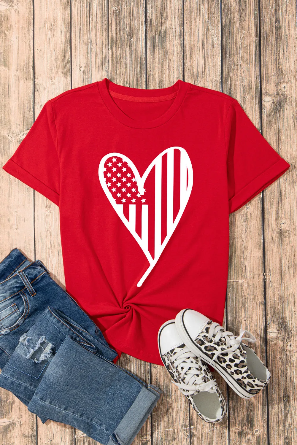 Red USA Flag Heart Shape Crew Neck Graphic T Shirt