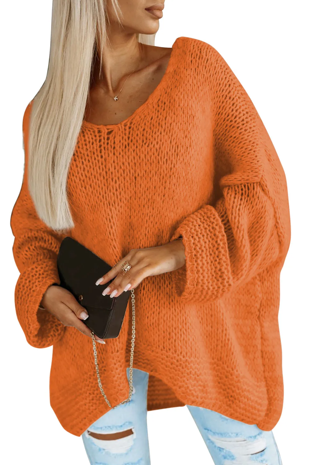 Russet Orange Loose Knitted V Neck Sweater