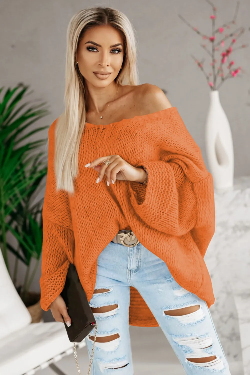 Russet Orange Loose Knitted V Neck Sweater