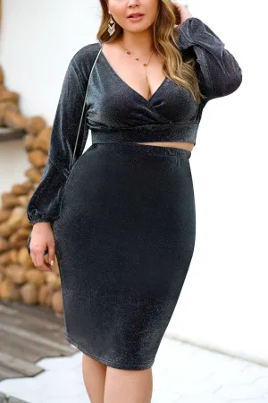 Sexy Deep V Long-sleeved Vest Top High Waist Bag Hip Skirt Suit Large Size Women's Two-piece Suit