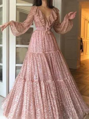 Sexy V-neck Sequin Dress Big Dress Long Skirt