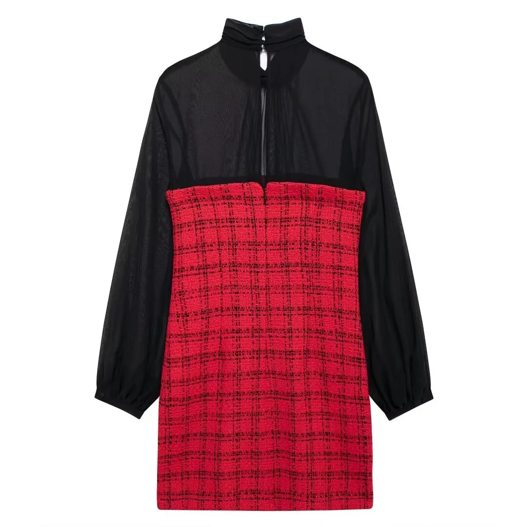 Sheer Sleeve and Plaid Patchwork Mini Dress