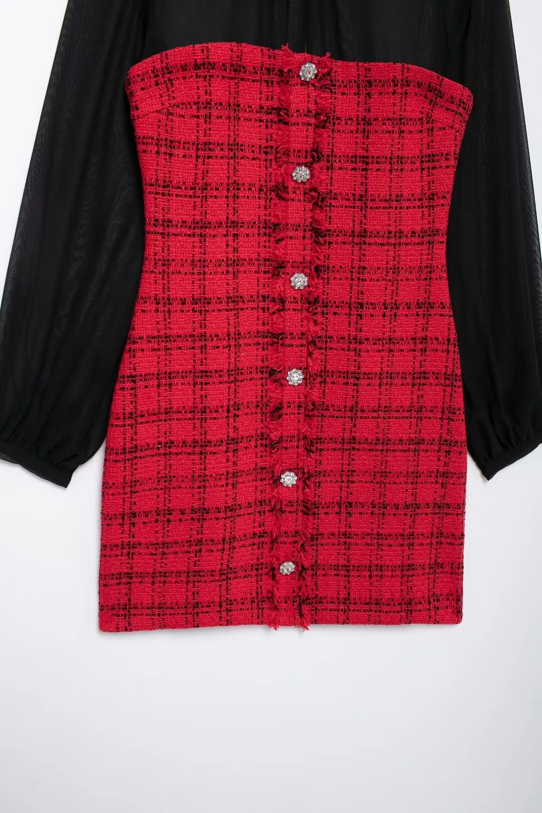 Sheer Sleeve and Plaid Patchwork Mini Dress