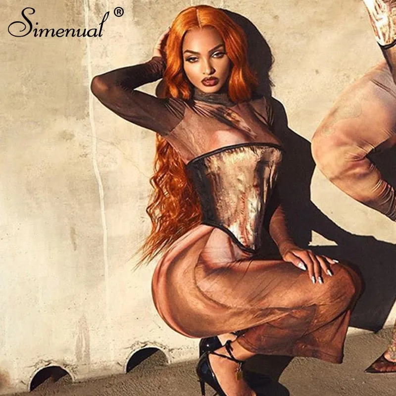 Simenual Ästhetischen Druck Mesh Korsett Bodycon Maxi Kleider Langarm Frauen Sexy Hot Sehen Durch Clubwear Party Kleid Braun Herbst
