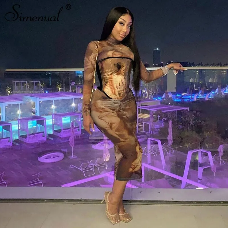 Simenual Ästhetischen Druck Mesh Korsett Bodycon Maxi Kleider Langarm Frauen Sexy Hot Sehen Durch Clubwear Party Kleid Braun Herbst