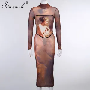 Simenual Ästhetischen Druck Mesh Korsett Bodycon Maxi Kleider Langarm Frauen Sexy Hot Sehen Durch Clubwear Party Kleid Braun Herbst
