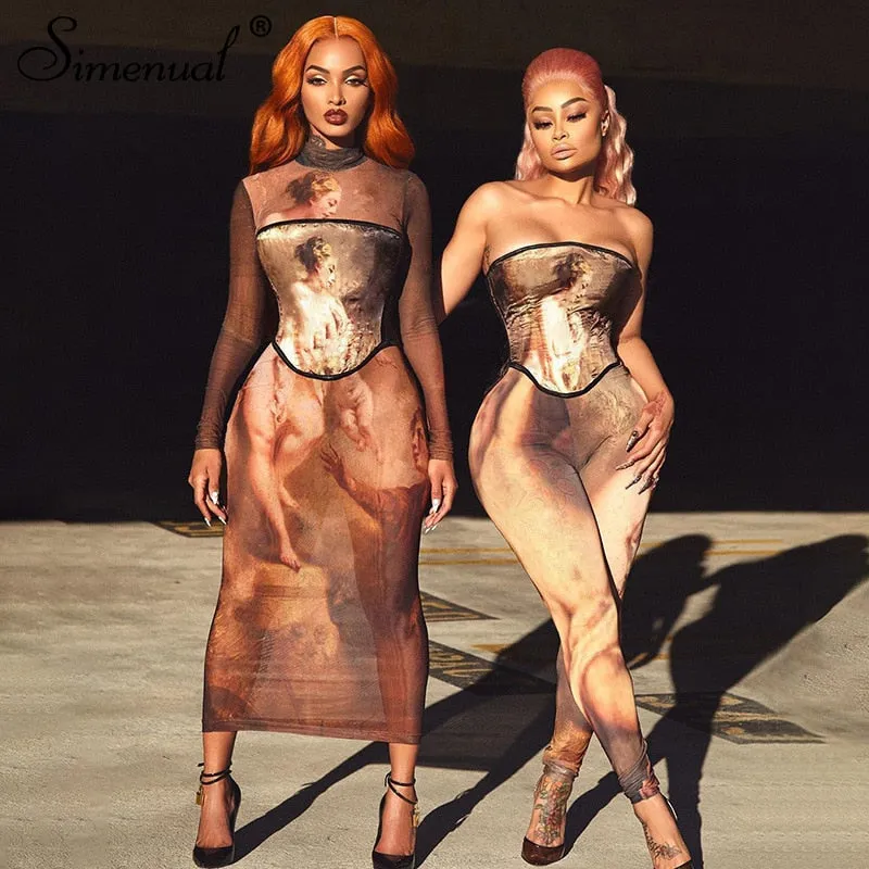 Simenual Ästhetischen Druck Mesh Korsett Bodycon Maxi Kleider Langarm Frauen Sexy Hot Sehen Durch Clubwear Party Kleid Braun Herbst