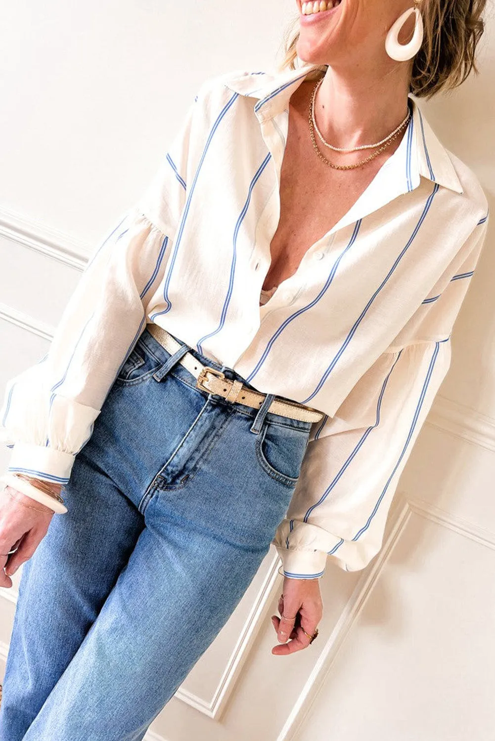 Sky Blue Stripe Drop Shoulder Bubble Sleeve Loose Shirt