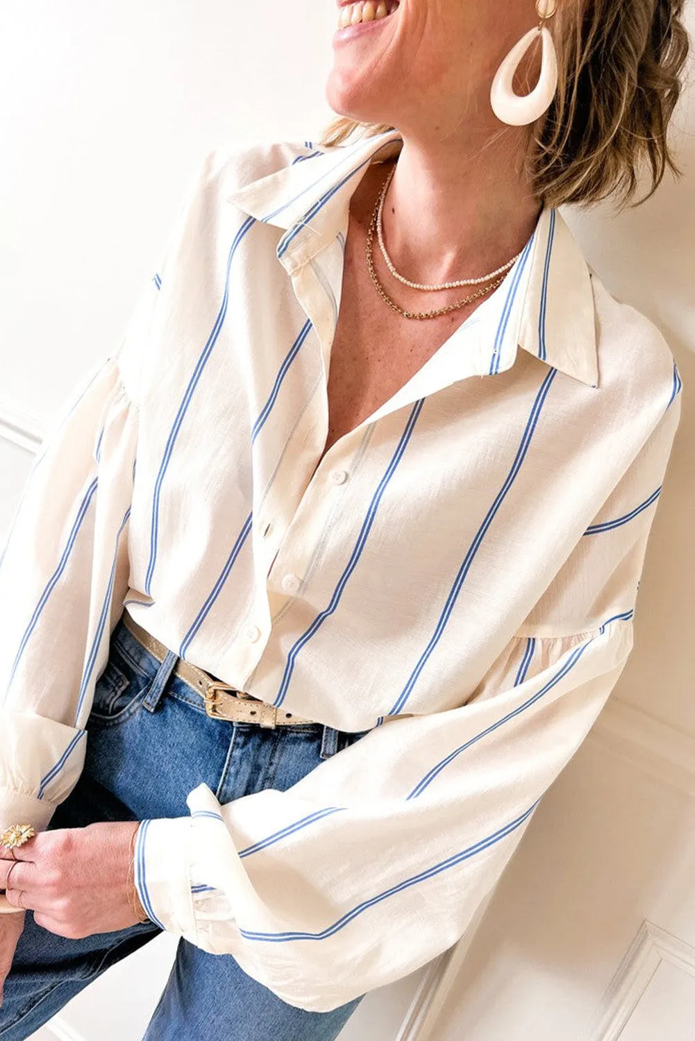 Sky Blue Stripe Drop Shoulder Bubble Sleeve Loose Shirt