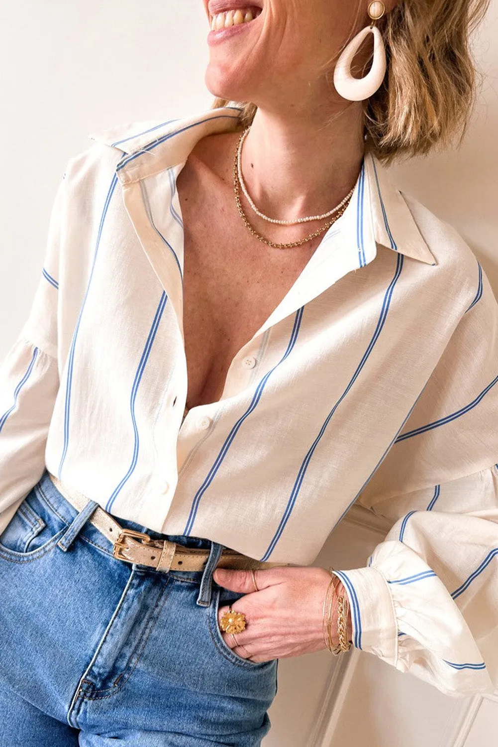 Sky Blue Stripe Drop Shoulder Bubble Sleeve Loose Shirt